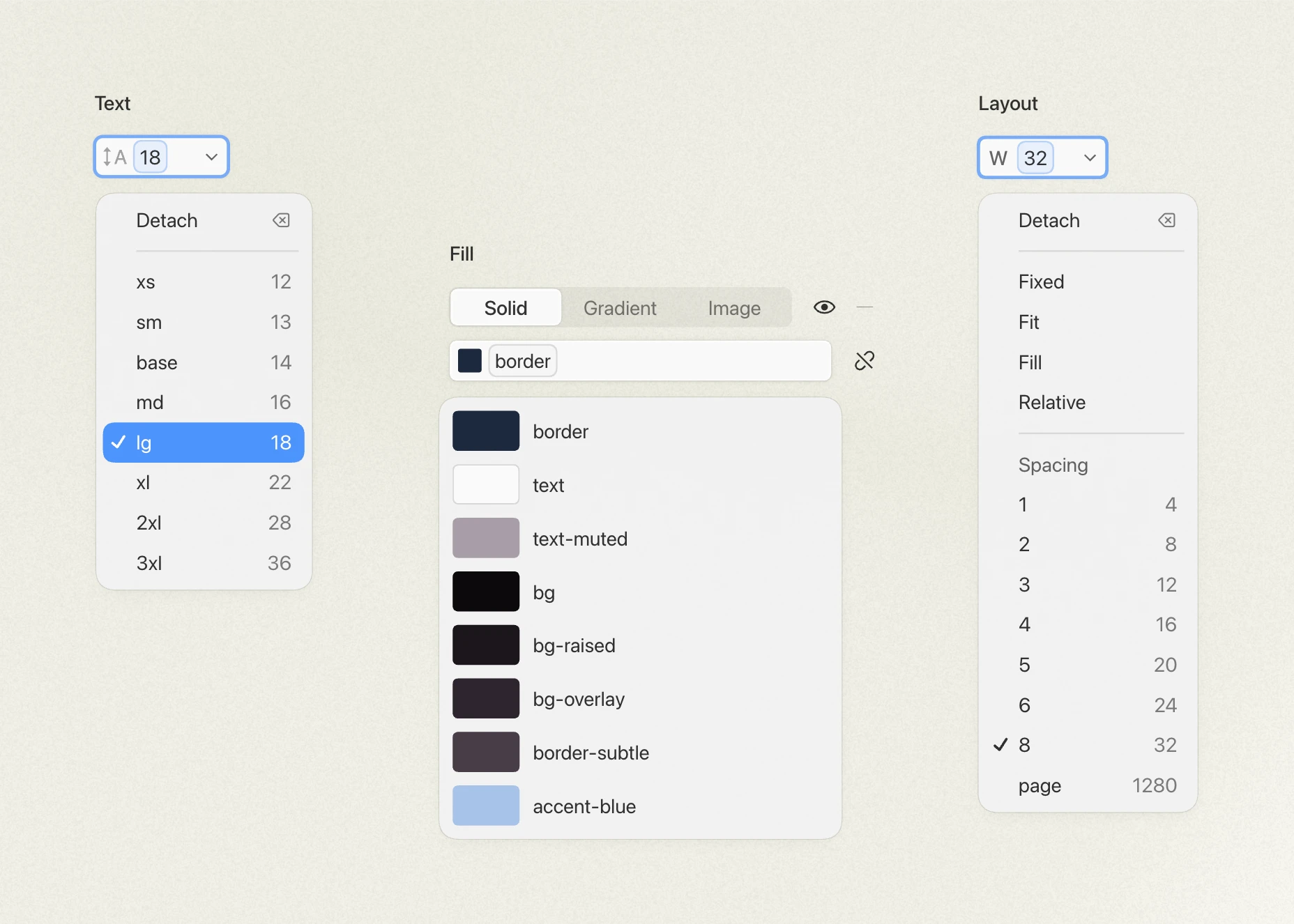 Design tokens panel with color and spacing variables