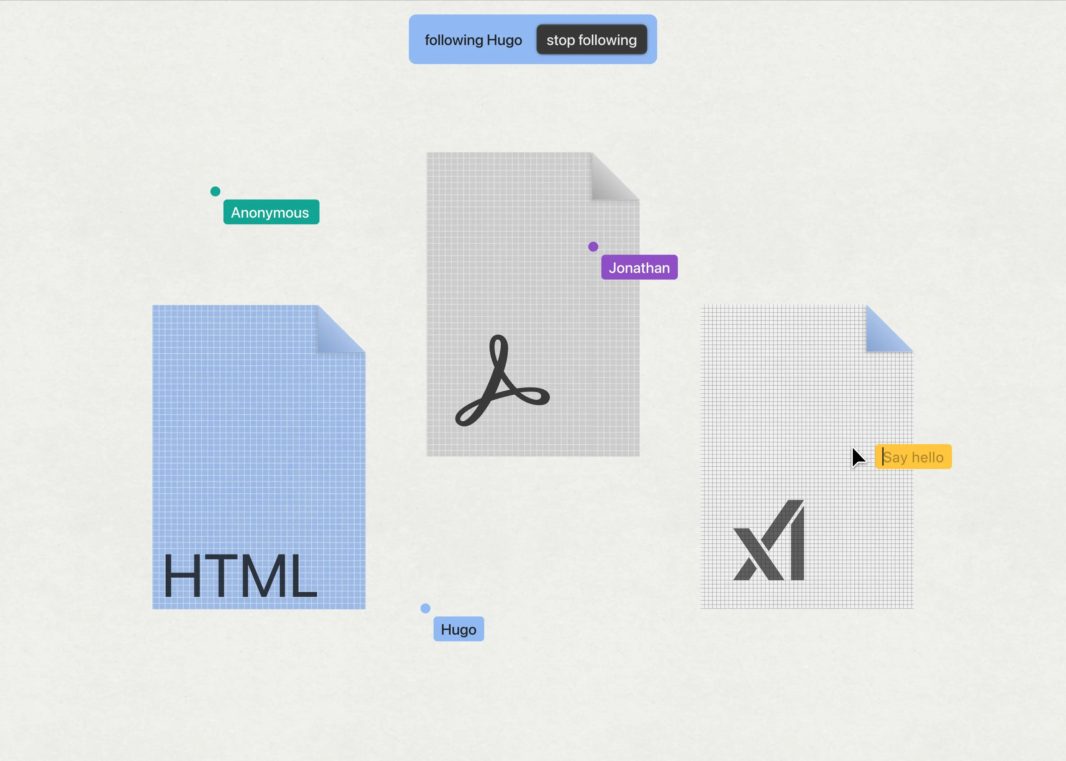 Multiplayer canvas with collaborator cursors and file thumbnails