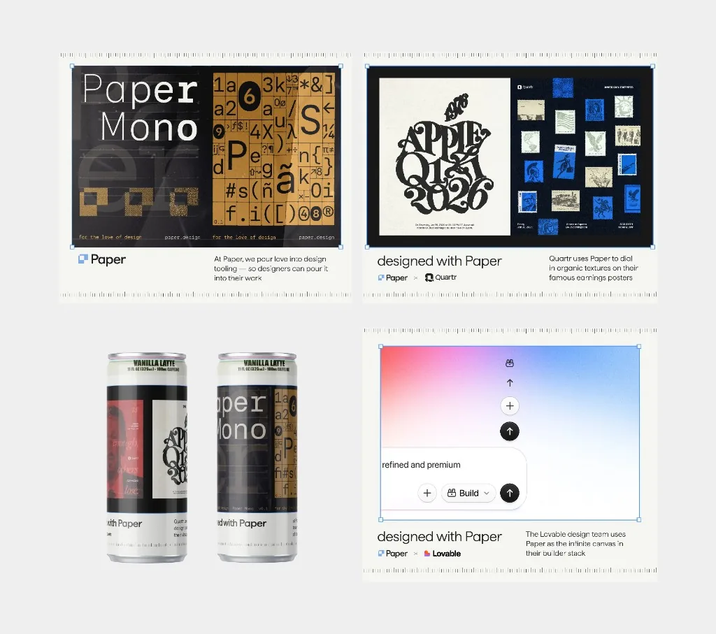 Paper Mono vanilla latte cans alongside the designs featured on them